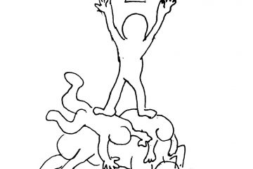 多くの人を踏みつけて立つ人